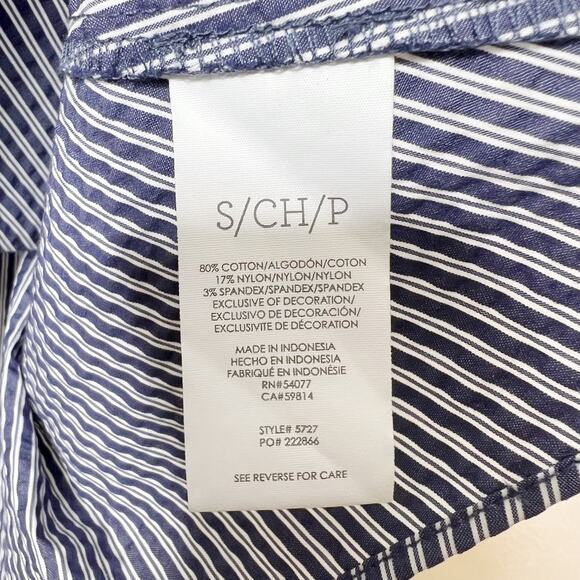 CAbi Crochet Flutter Sleeve Top Seersucker Blue White Striped #5727 Sz S - Picture 9 of 9